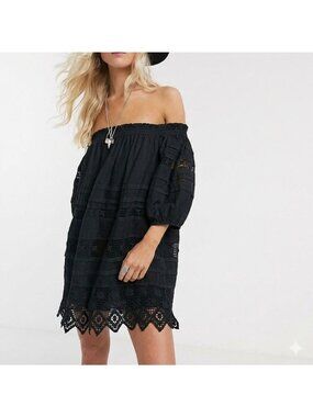 Free People Sounds Of Summer Crochet Tunic Top S Off-Shoulder Black Boho Witchy‎
